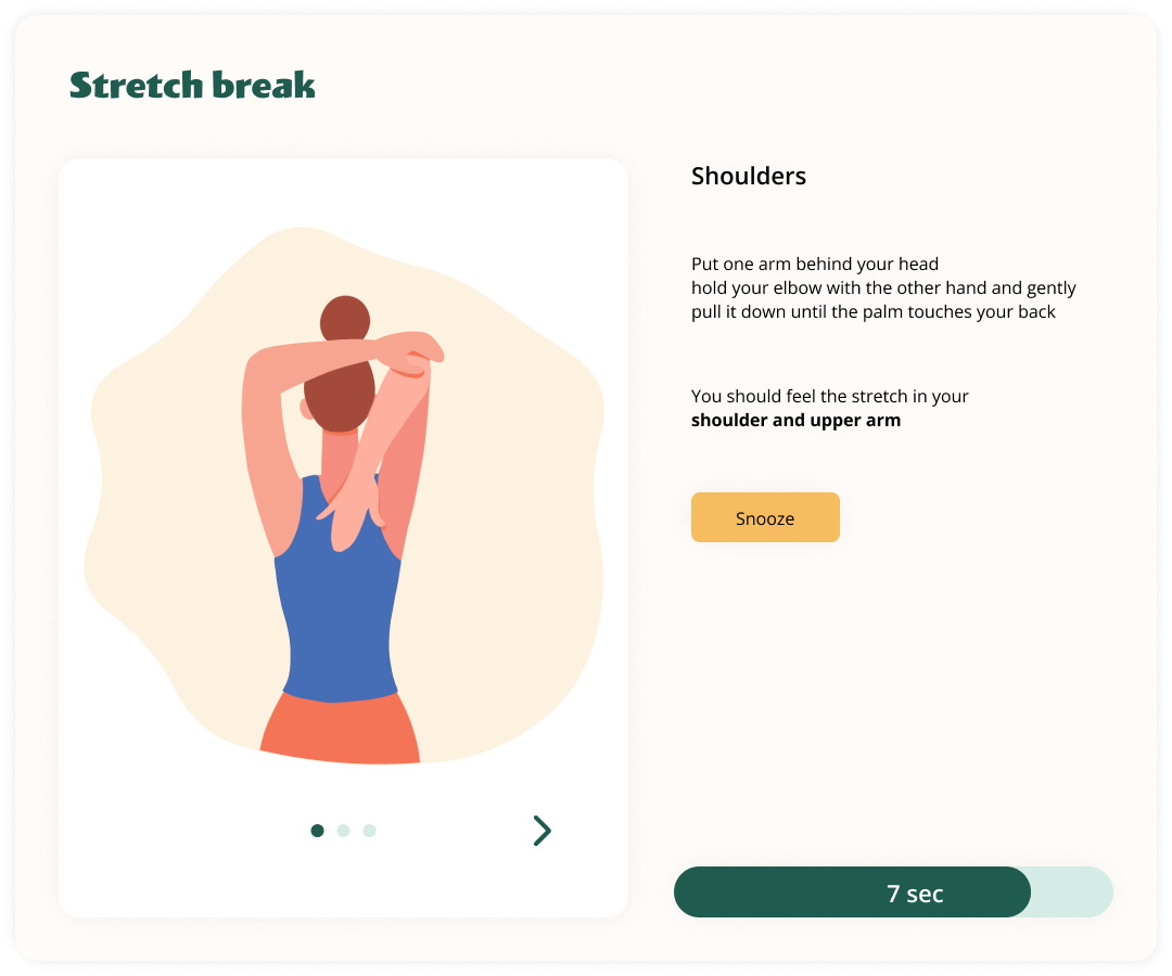 Stretch break screen — illustration of a shoulder stretch, written instructions, and a 7-second countdown